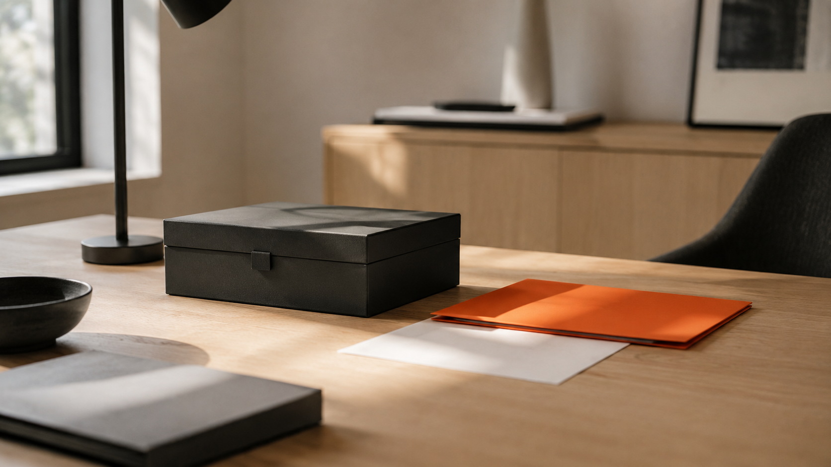 Schwarze Dokumentenbox und orangefarbene Mappe auf einem Holzschreibtisch