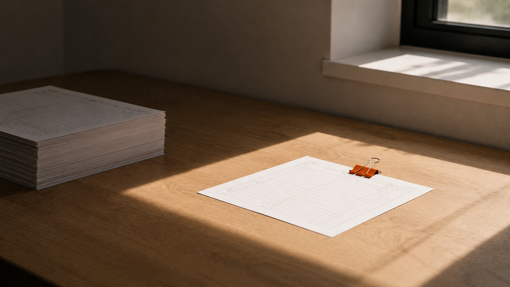 Ein hoher Stapel Formulare im Schatten, ein einzelnes Blatt mit orangefarbener Klammer im Licht